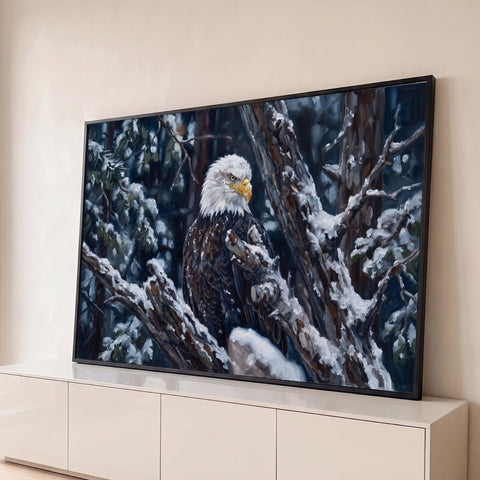 Águia-de-cabeça-branca pousada em galho nevado em floresta de inverno azul, pintura a óleo, quadro decorativo