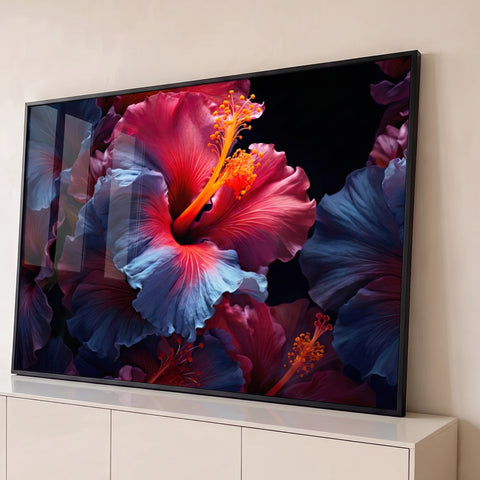 Flores de hibisco azuis e vermelhas com estames laranja sobre fundo escuro, quadro decorativo