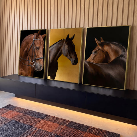 Quadro Decorativo Kit 3 Telas Cavalos para Sala Marrom | quadros decorativos para sala | três cabeças de cavalo em fotografia artística com fundos preto e dourado | Porao dos Quadros