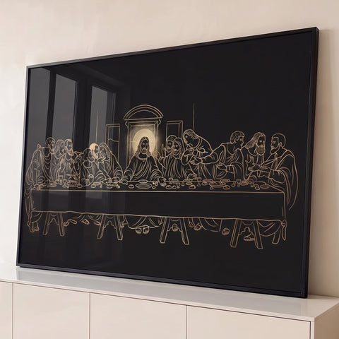 Santa Ceia em traço dourado fino sobre fundo preto, Jesus com auréola e apóstolos à mesa, quadro decorativo
