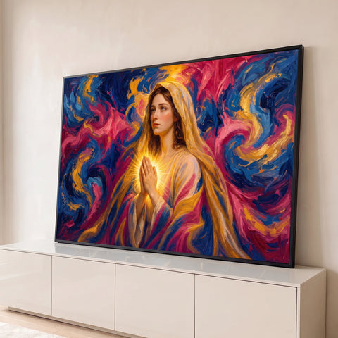 Nossa Senhora em prece com luz nas mãos, véu dourado e pinceladas azuis e rosa, quadro decorativo