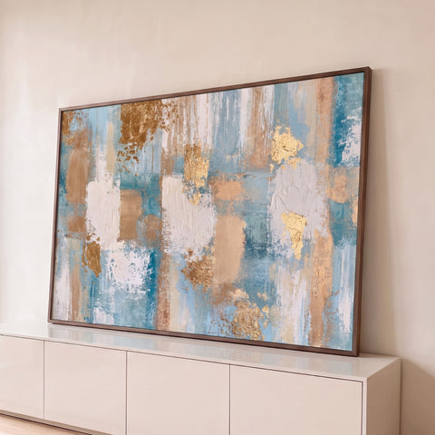 Pintura abstrata em faixas azul-turquesa, bege e branco com textura e folha de ouro, quadro decorativo