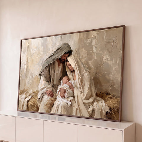Maria, José e o Menino Jesus no presépio em pintura a óleo com espátula em tons bege, quadro decorativo