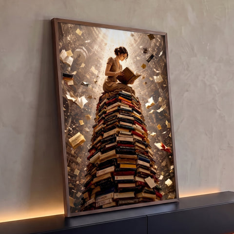 Mulher lendo sentada sobre torre de livros em biblioteca com páginas voando e luz dourada, quadro decorativo