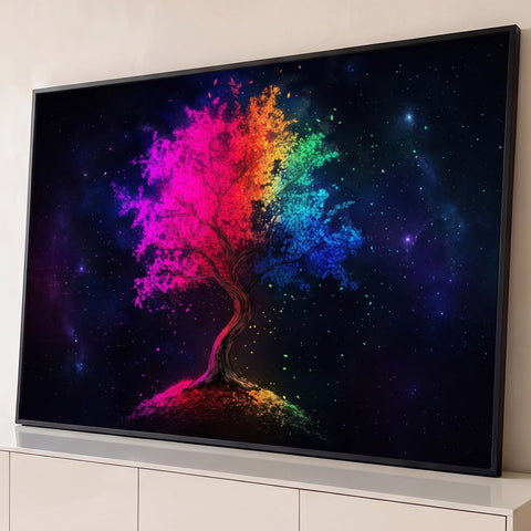 Árvore com copa arco-íris rosa, laranja, verde e azul sob céu estrelado de galáxia, quadro decorativo