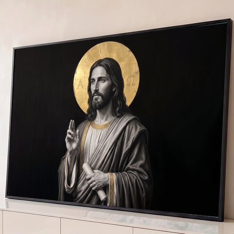 Jesus Cristo abençoando com pergaminho, auréola dourada Alfa e Ômega sobre fundo preto, quadro decorativo