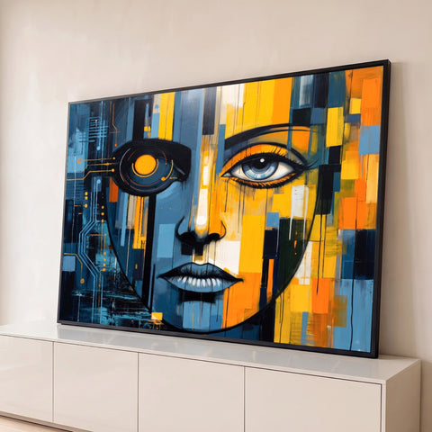 Rosto de mulher metade ciborgue com olho mecânico, circuitos azuis e blocos amarelos, quadro decorativo