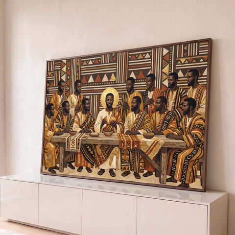 Quadro Decorativo Grande Santa Ceia Sala para Sala Dourado | quadros decorativos para sala | releitura da Última Ceia com figuras negras em trajes africanos dourados e terracota | Porao dos Quadros