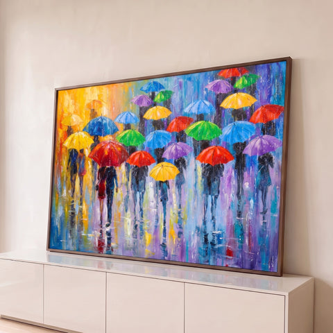 Pintura a óleo de multidão com guarda-chuvas coloridos caminhando na chuva em rua molhada, quadro decorativo