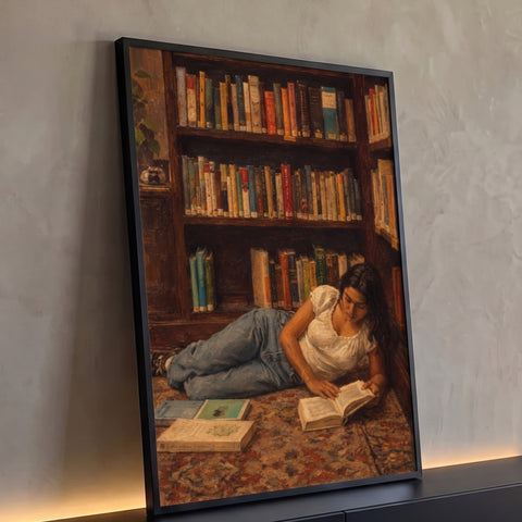 Pintura a óleo de mulher deitada no tapete lendo diante de estante de livros, quadro decorativo