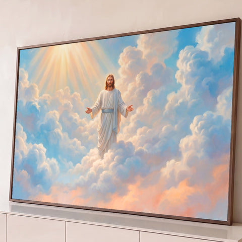 Jesus Cristo de túnica branca e braços abertos entre nuvens azuis e raios de luz, quadro decorativo