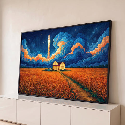 Foguete decolando no céu estrelado azul sobre casa de fazenda e milharal dourado, quadro decorativo