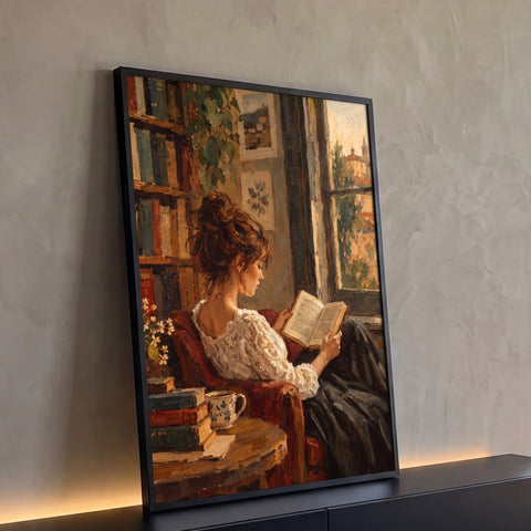 Mulher lendo livro em poltrona vermelha junto à janela, cercada de livros, pintura a óleo, quadro decorativo