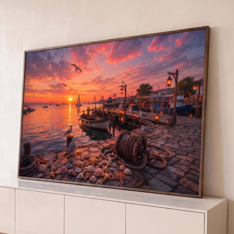 Porto ao pôr do sol com gaivotas, barcos, lanternas, conchas e estrelas-do-mar no cais, quadro decorativo