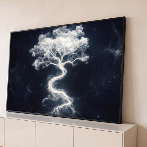 Árvore de luz branca com tronco sinuoso e copa de partículas sobre céu estrelado escuro, quadro decorativo