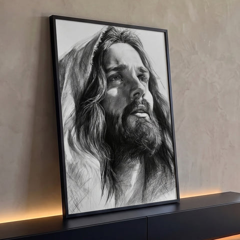 Retrato realista de Jesus Cristo com manto, olhando para o céu, em grafite preto e branco, quadro decorativo