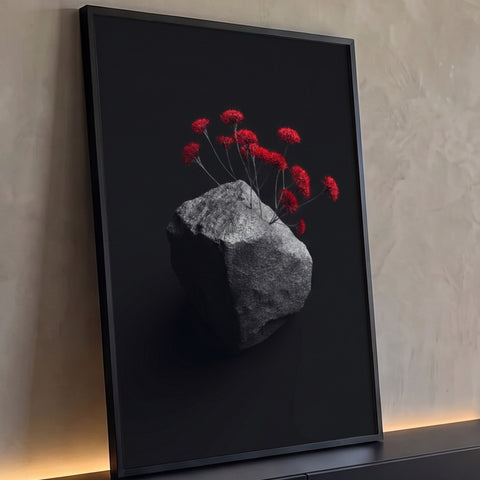 Flores vermelhas espinhosas brotando de rocha cinza sobre fundo preto, quadro decorativo