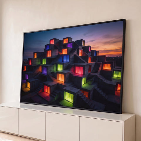 Prédio brutalista de concreto com escadas e janelas neon coloridas ao entardecer, quadro decorativo