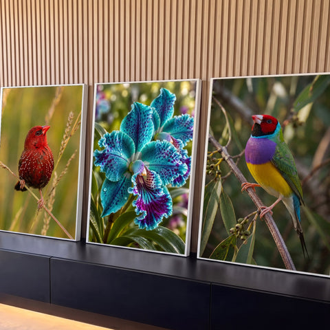 Quadro Decorativo Kit 3 Telas Pássaros Coloridos para Sala | quadros decorativos para sala | três cenas de natureza com pássaros coloridos e orquídea azul-turquesa com manchas roxas | Porao dos Quadros