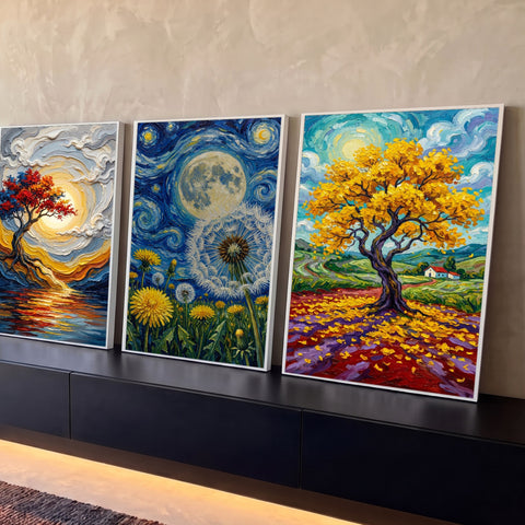 Quadro Decorativo Kit 3 Telas Árvores e Noite para Sala | quadros decorativos para sala | tríptico de árvores coloridas, céu estrelado e dente-de-leão em estilo impressionista | Porao dos Quadros