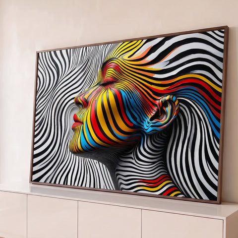 Perfil de mulher em listras coloridas fundindo-se a ondas preto e branco em op art, quadro decorativo
