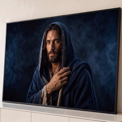 Jesus Cristo de capuz e manto azul segurando cajado, olhar sereno e fundo escuro enevoado, quadro decorativo