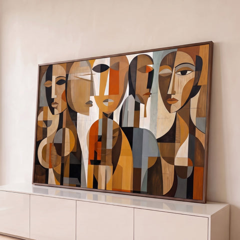 Cinco rostos cubistas em textura de madeira, tons marrom, ocre e laranja, pintura abstrata quadro decorativo
