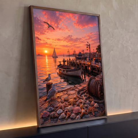 Pôr do sol laranja em marina com veleiro, barco, gaivotas, lanternas e conchas no cais, quadro decorativo