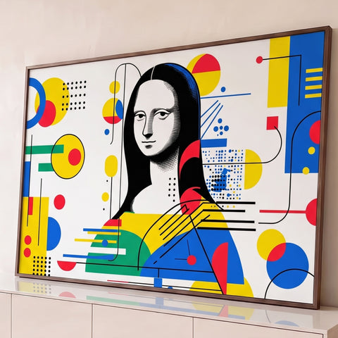Mona Lisa em preto e branco com retícula e formas geométricas azuis, amarelas e vermelhas, quadro decorativo