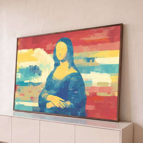 Mona Lisa em azul e amarelo sobre faixas vermelhas e azuis com efeito glitch, quadro decorativo