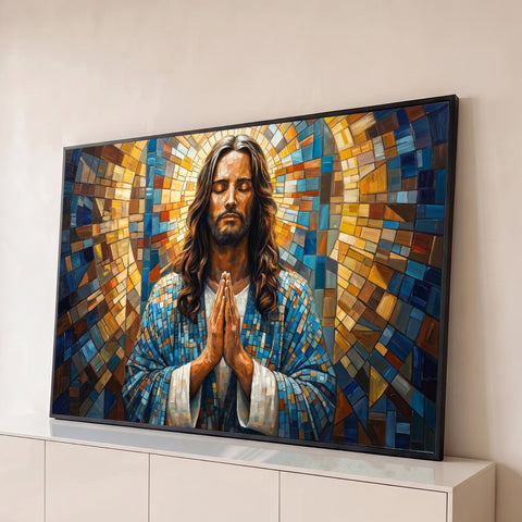 Jesus de olhos fechados e mãos postas em oração, estilo vitral mosaico azul e dourado, quadro decorativo
