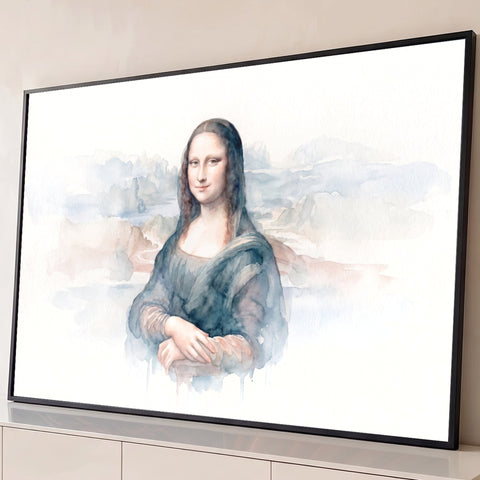 Mona Lisa em aquarela com manto azul, paisagem suave ao fundo e tinta escorrida, quadro decorativo