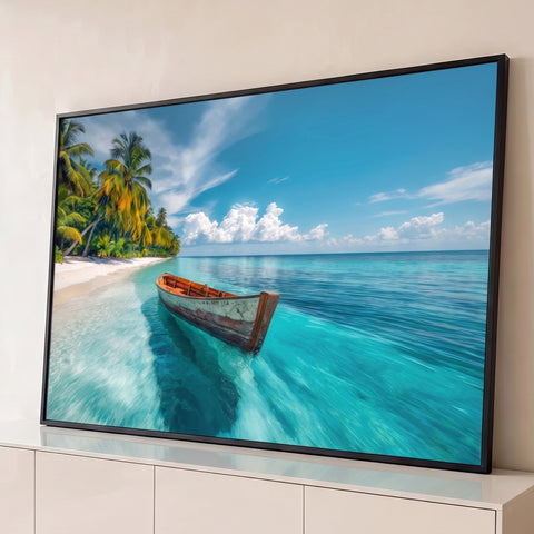 Barco de madeira em mar turquesa cristalino junto a praia de areia branca e coqueiros, quadro decorativo
