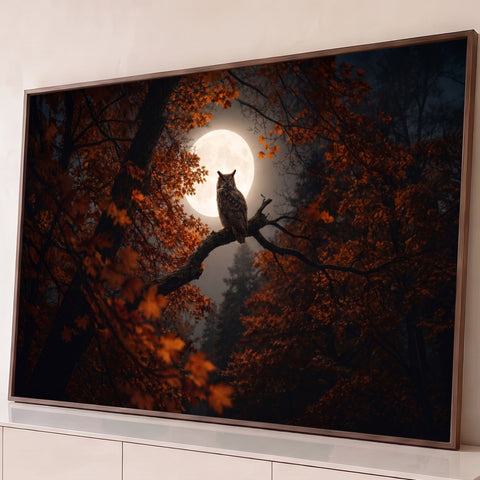 Coruja pousada em galho diante da lua cheia, cercada por folhas de outono alaranjadas, quadro decorativo