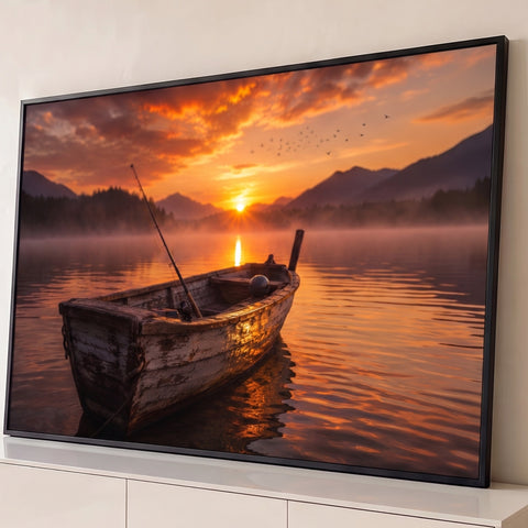 Barco de madeira com vara de pesca em lago enevoado ao pôr do sol entre montanhas, quadro decorativo
