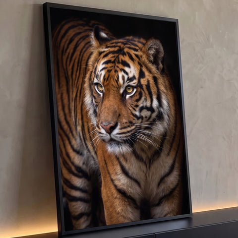 Tigre em close com pelagem laranja e listras pretas, olhar âmbar e fundo escuro, quadro decorativo