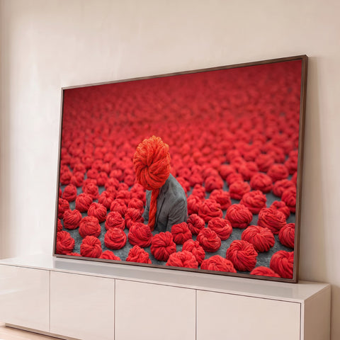 Homem de blazer cinza com cabeça de novelo de lã vermelha entre novelos vermelhos, quadro decorativo
