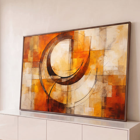 Pintura abstrata com arcos marrons e linhas finas sobre blocos laranja e bege, quadro decorativo