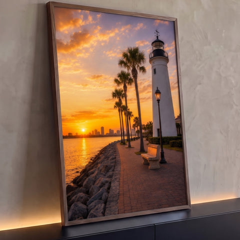 Farol branco, palmeiras e calçadão à beira-mar com pôr do sol laranja sobre a cidade, quadro decorativo
