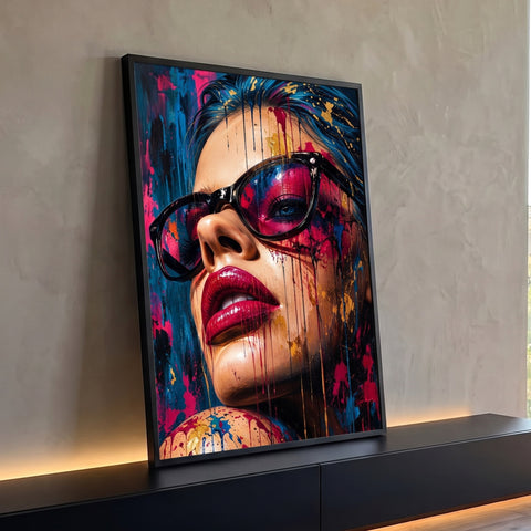 Rosto de mulher com óculos pretos e batom vermelho, tinta rosa, azul e dourada escorrendo, quadro decorativo