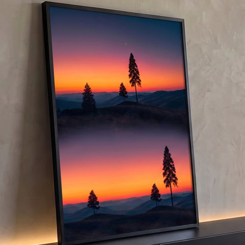 Pinheiros em silhueta sobre colinas no pôr do sol laranja com lua crescente, quadro decorativo