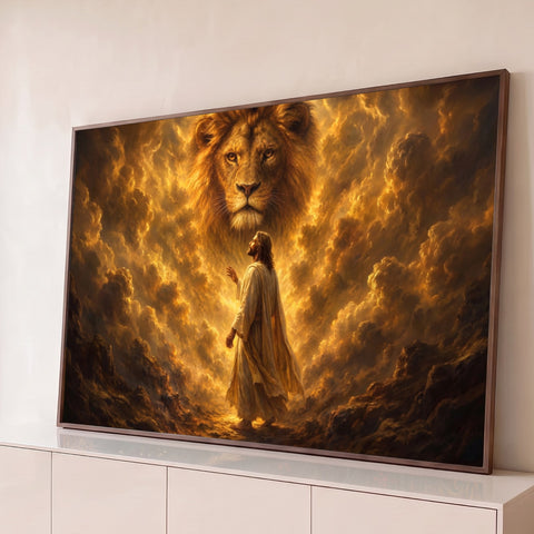Jesus de manto claro olha para o rosto do Leão de Judá entre nuvens douradas, quadro decorativo