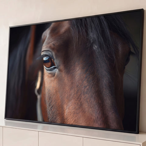 Close-up do olho de cavalo baio com cílios e reflexo de luz, pelagem marrom, quadro decorativo