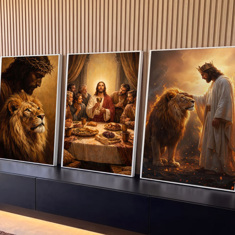 Quadro Decorativo Kit 3 Telas Jesus Cristo Dourado para Sala | quadros decorativos para sala | Jesus Cristo, Última Ceia e leão coroado em três painéis dourados | Porao dos Quadros