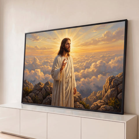 Jesus de túnica branca abençoando no alto do monte acima das nuvens e raios de sol, quadro decorativo