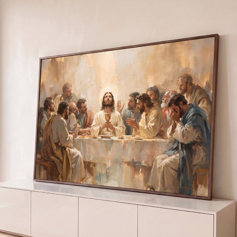 Santa Ceia em pintura a óleo, Jesus com cálice olhando o céu entre os apóstolos, quadro decorativo