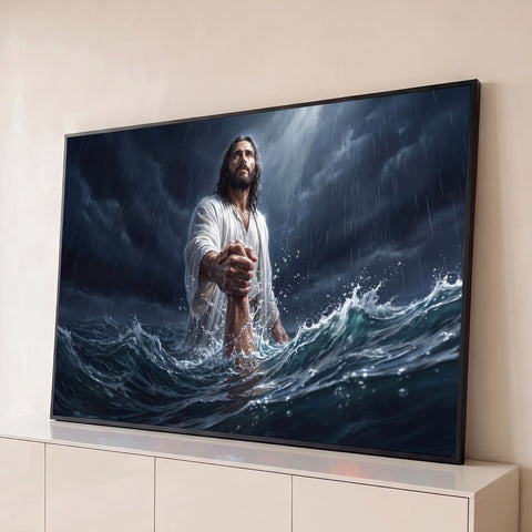 Jesus Cristo segurando a mão de quem afunda no mar em tempestade sob luz divina, quadro decorativo
