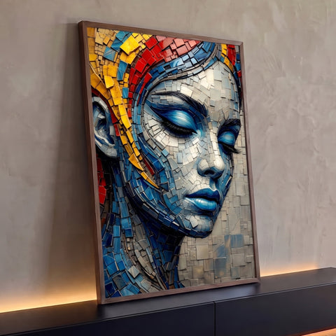 Rosto feminino de olhos fechados em mosaico azul e cinza, cabelo vermelho e amarelo, quadro decorativo