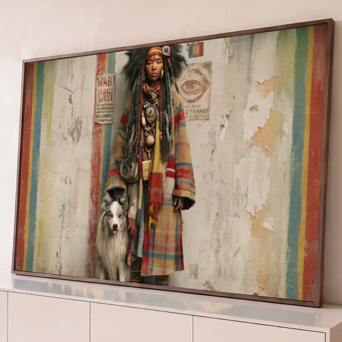 Mulher boho com dreads, manta xadrez colorida e cachorro diante de parede rústica, quadro decorativo