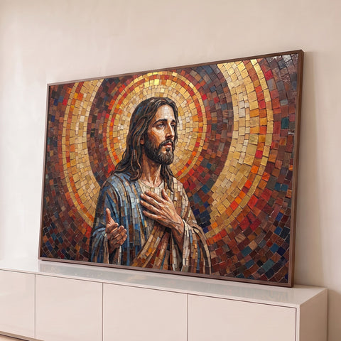 Jesus Cristo em mosaico de pastilhas, mão no peito, círculos dourados e terracota ao fundo, quadro decorativo